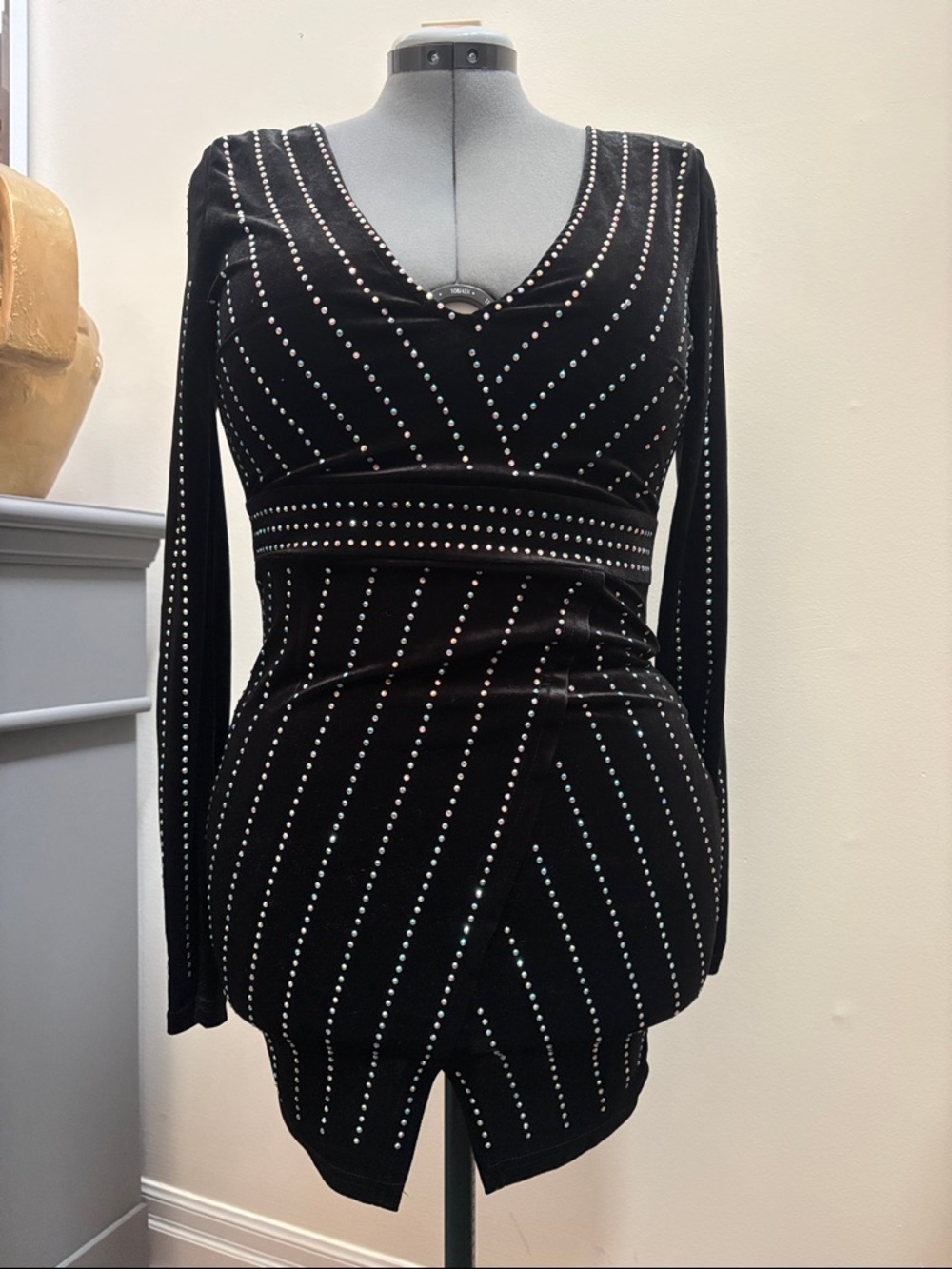 Black Studded V-Neck Mini Dress